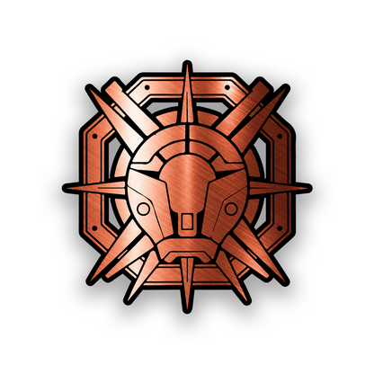 Sci fi mechanical vehicle emblem with bold black and white engraved design