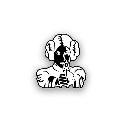 Engraved car badge with Princess Leia inspired character holding a sci fi blaster