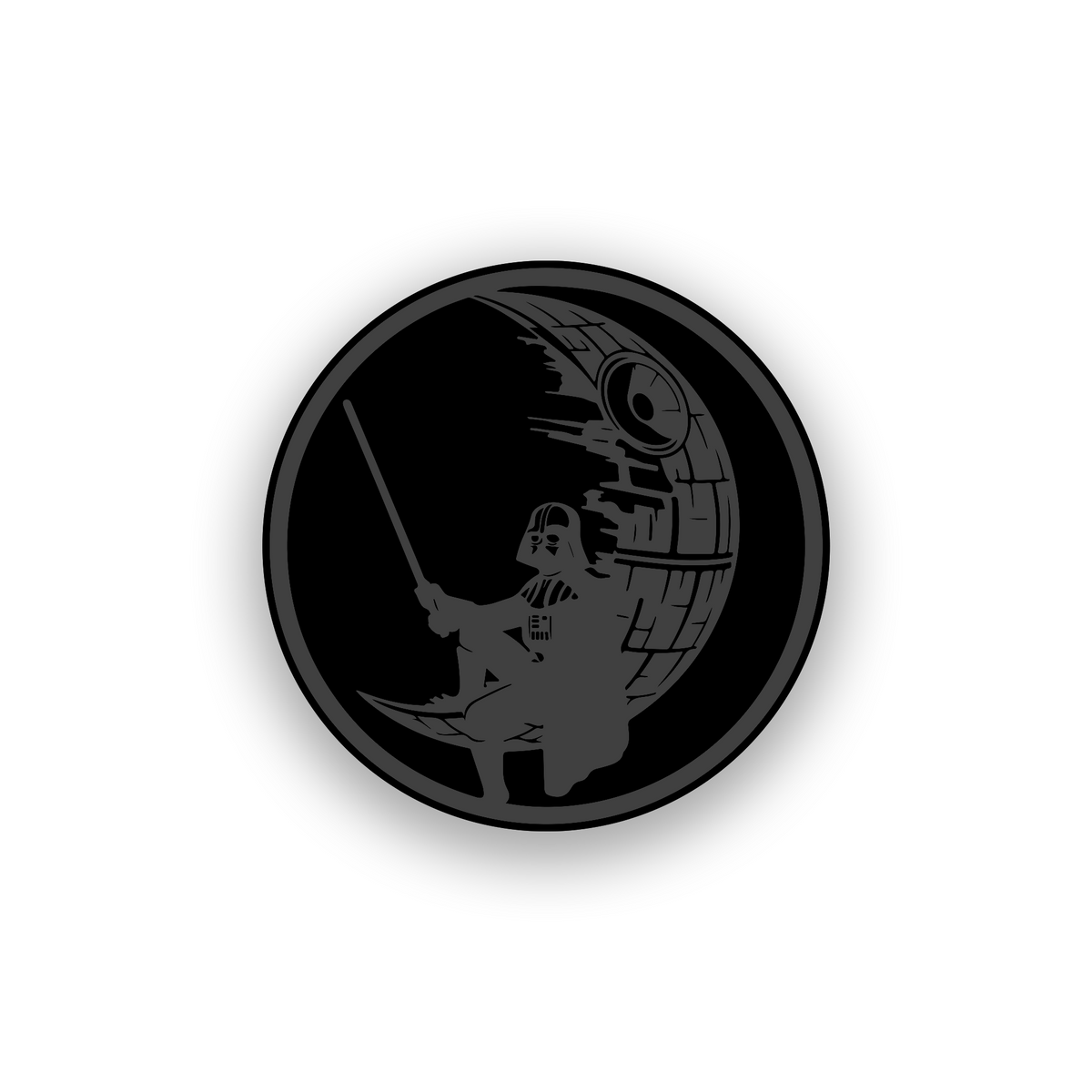 Engraved car badge with Darth Vader and Death Star inspired sci fi artwork