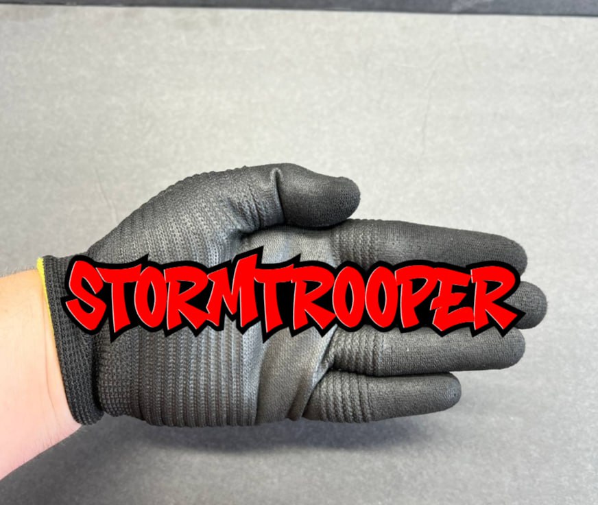 Red and black Stormtrooper script car badge with aggressive performance inspired lettering