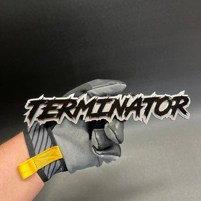 Custom TERMINATOR acrylic text badge with aggressive lightning font design for truck and muscle car styling