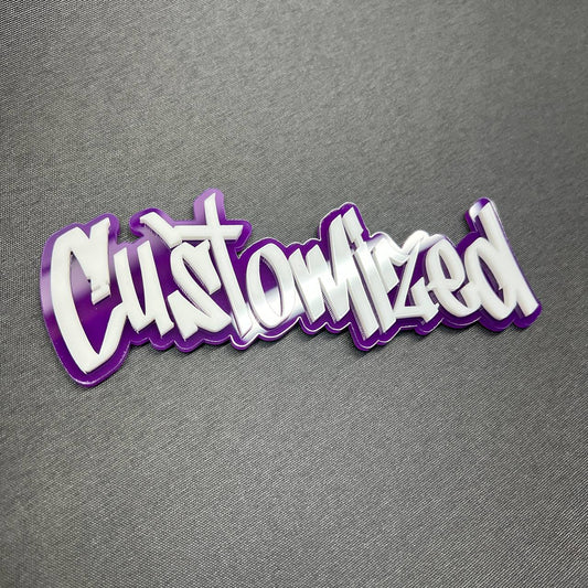 Custom made graffiti font vehicle badge for cars, trucks, and SUVs