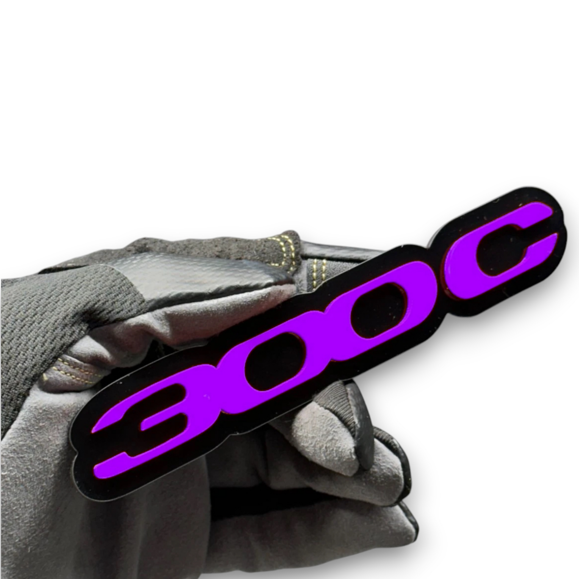 Handmade custom 300S automotive badge close-up