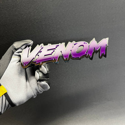 Gloss purple acrylic VENOM text badge with black base, made for custom fender, hood, or tailgate decor.