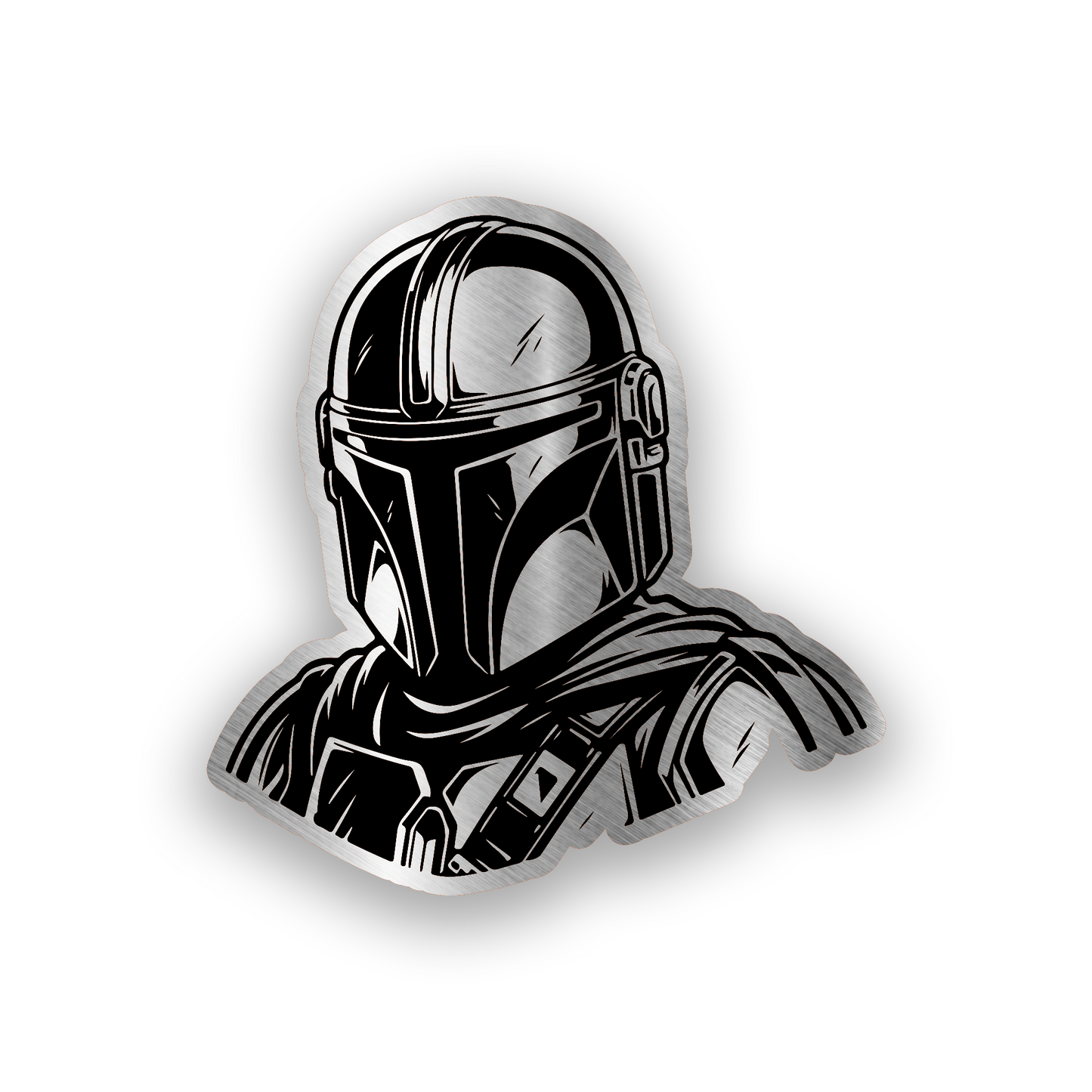 Warrior Mandalorian inspired engraved car badge with bold sci fi helmet emblem design