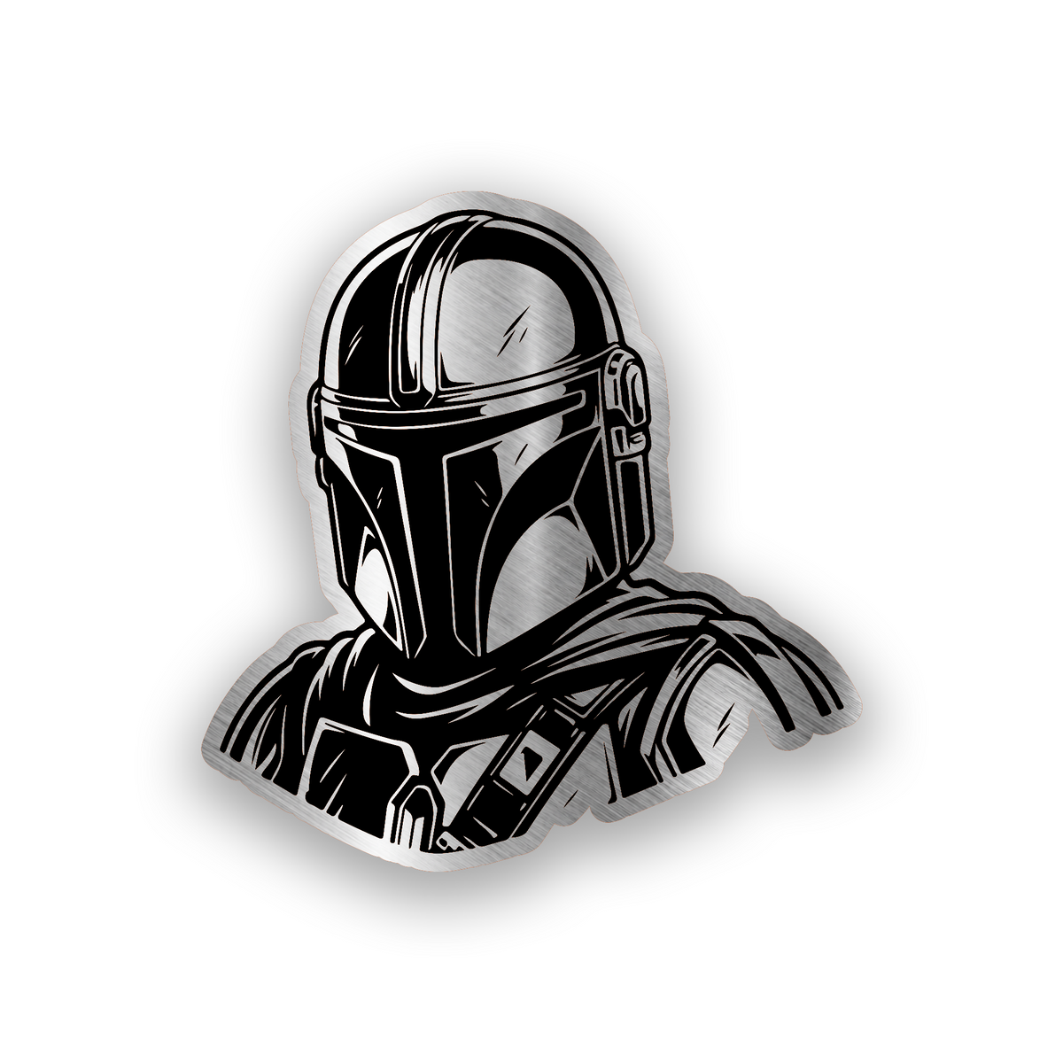 Warrior Mandalorian inspired engraved car badge with bold sci fi helmet emblem design