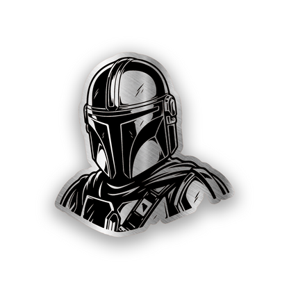 Warrior Mandalorian inspired engraved car badge with bold sci fi helmet emblem design