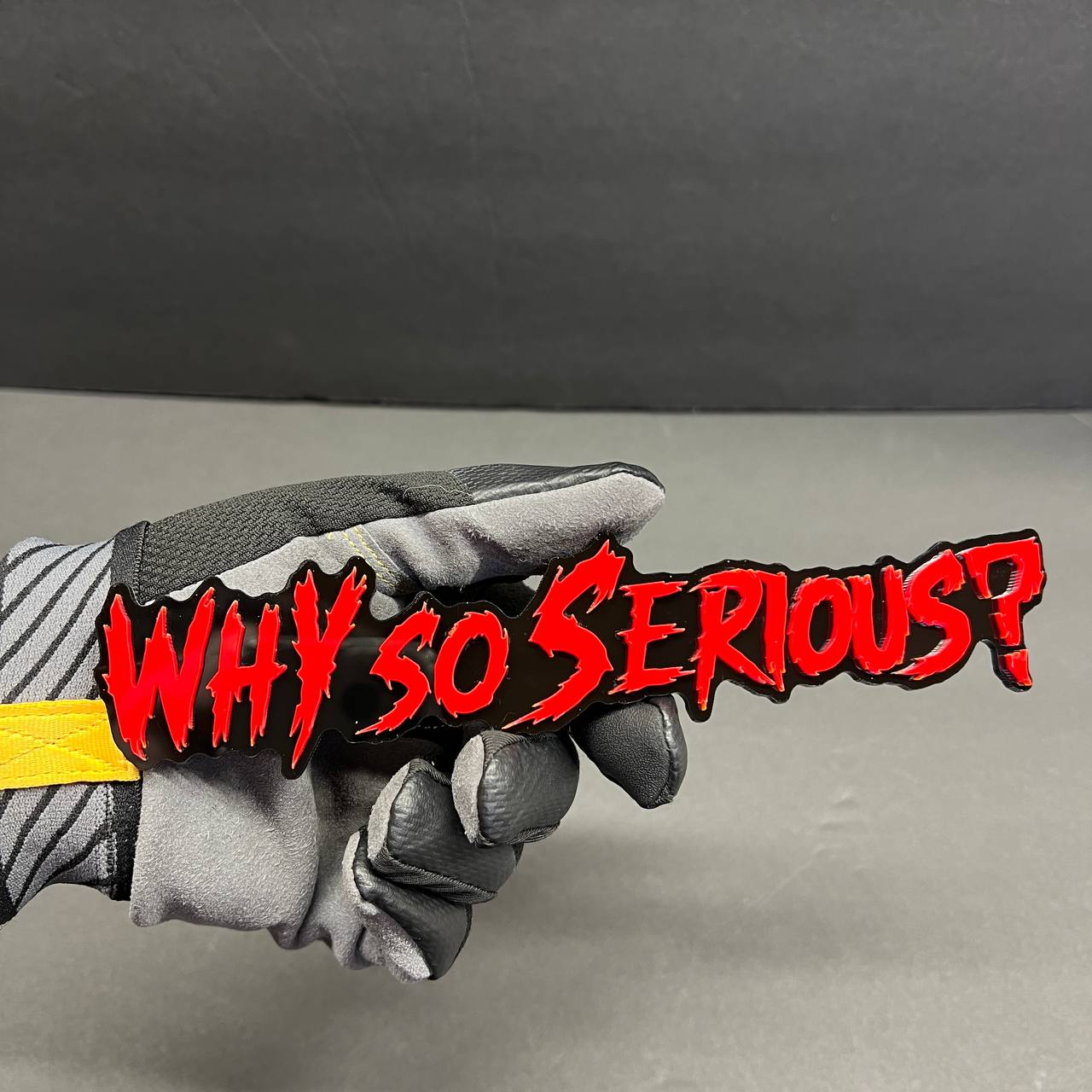 Glossy red and black Why So Serious text badge for Silverado tailgate decal