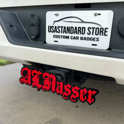 Personalized hitch receiver cover with custom text for truck exterior styling