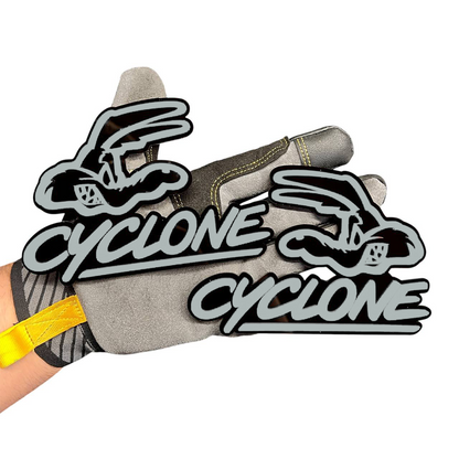 Cyclone script car badge with matching stylized bird graphic and black outline.