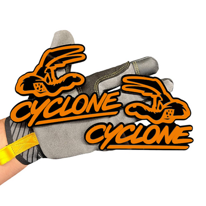 Cyclone automotive fender badge with stylized bird design in gray and black.