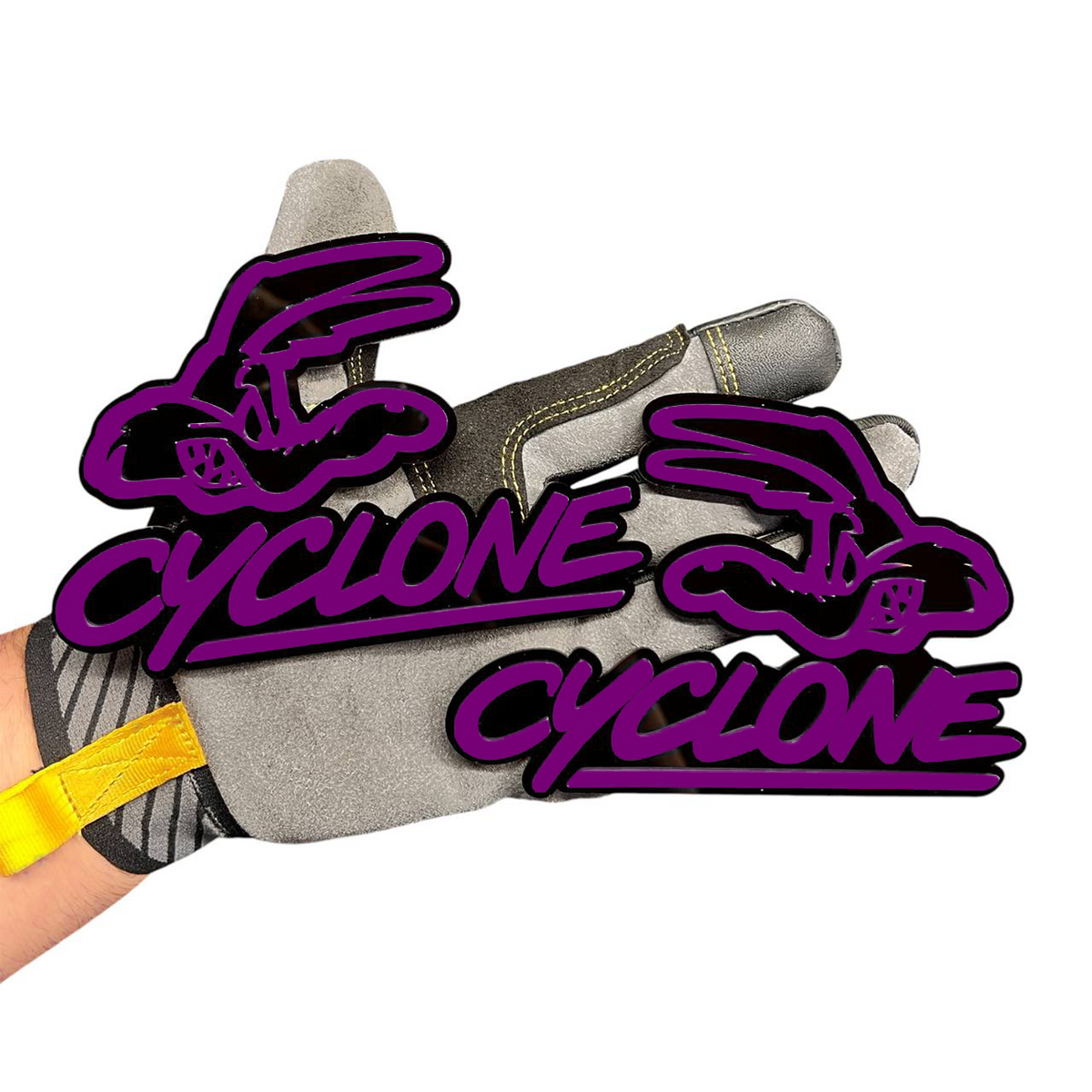 Cyclone car and truck exterior badge with bold script lettering and bird design.