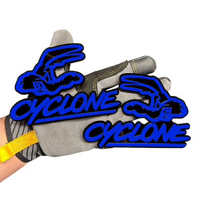 Cyclone car emblem with script lettering for custom vehicle exterior styling.