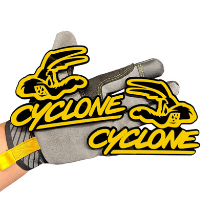 Cyclone car emblem with script lettering for custom vehicle exterior styling.