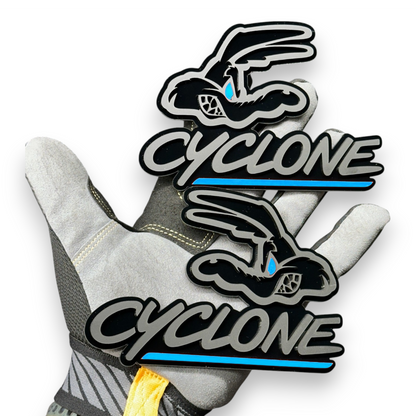 Aggressive coyote car badge black design with red accents