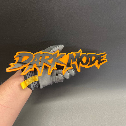 DARK MODE tailgate badge with sharp graffiti lettering style