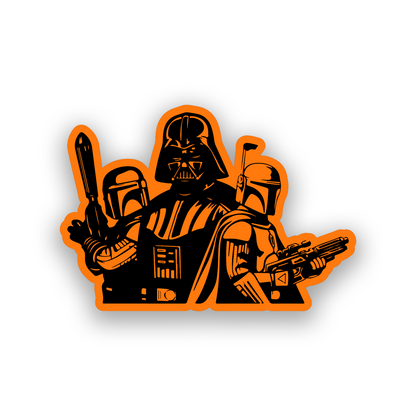 Star Wars inspired car emblem featuring multiple iconic sci fi warrior characters