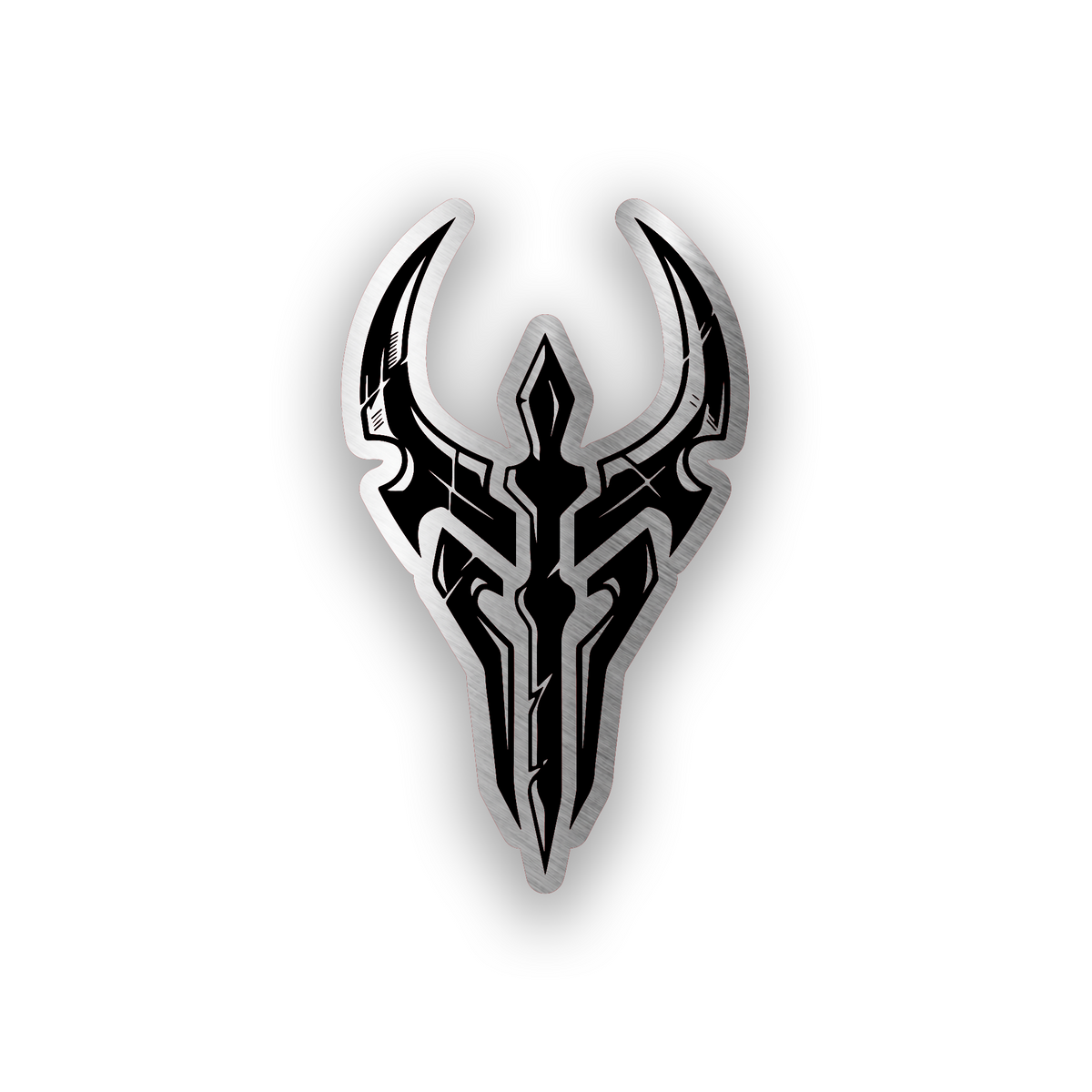 Engraved car badge with dark side mask inspired automotive artwork