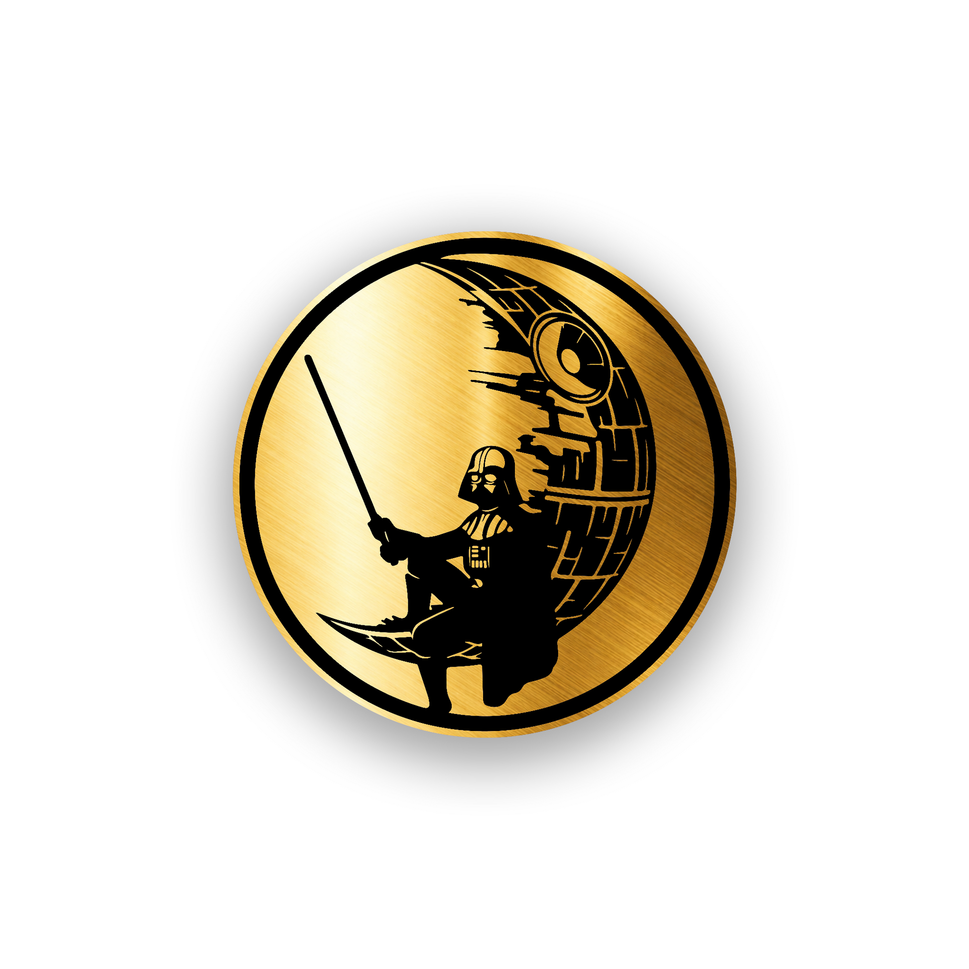 Star Wars inspired car emblem with Darth Vader seated on a crescent moon and Death Star background