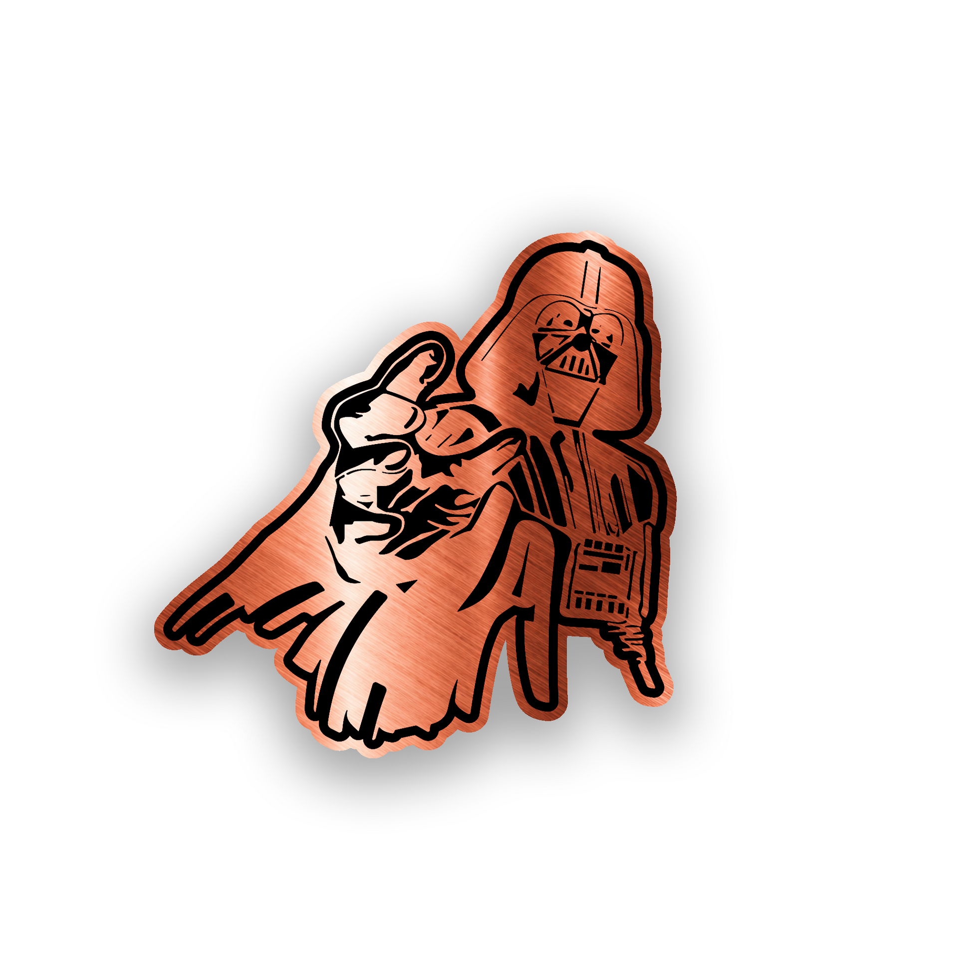 Engraved automotive emblem featuring a cartoon style Darth Vader inspired character