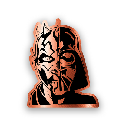 Galactic dark side car badge with detailed engraved half Maul half Vader design