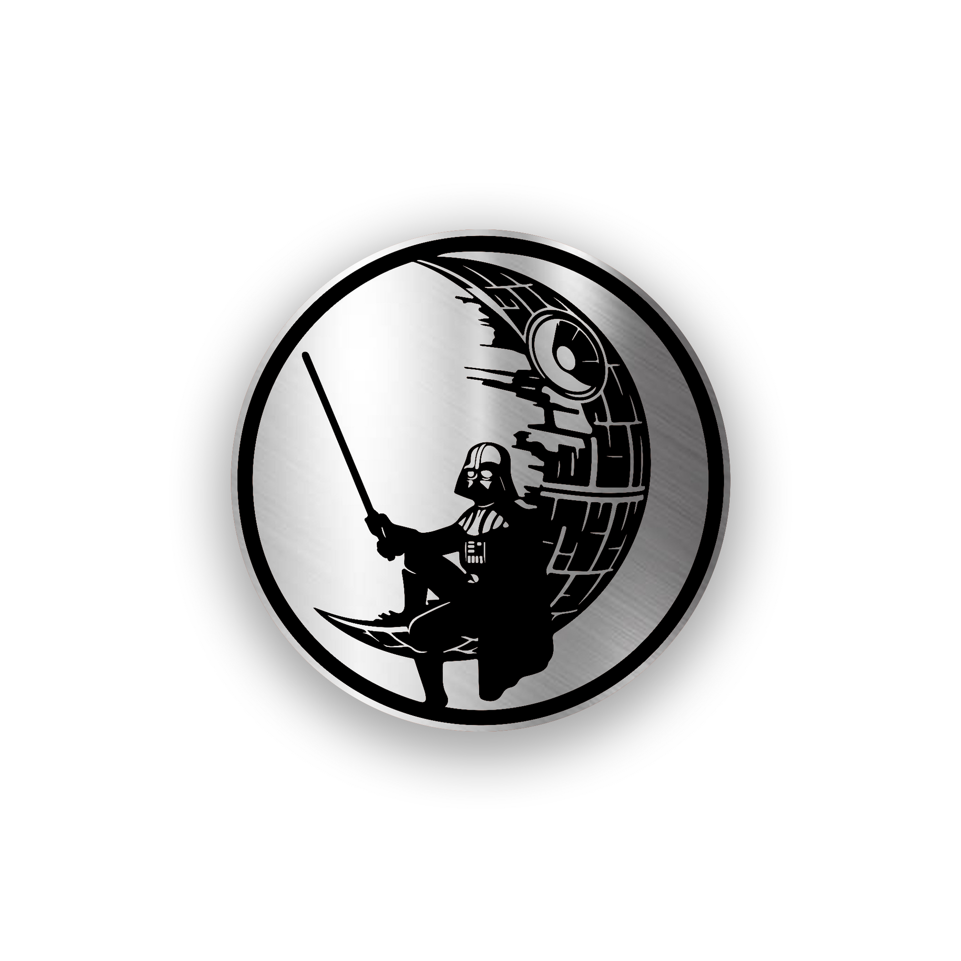 Darth Vader inspired engraved car badge featuring a moon silhouette and Death Star design