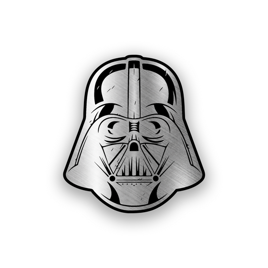 Engraved car badge with Darth Vader helmet inspired automotive artwork