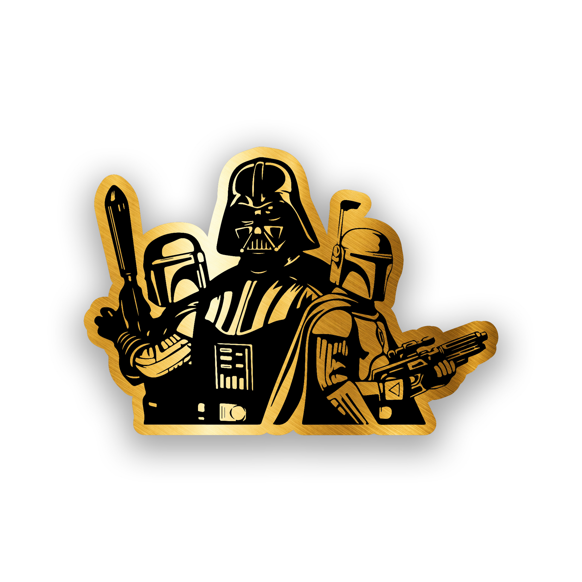 Engraved car emblem with Darth Vader and Boba Fett inspired sci fi character artwork