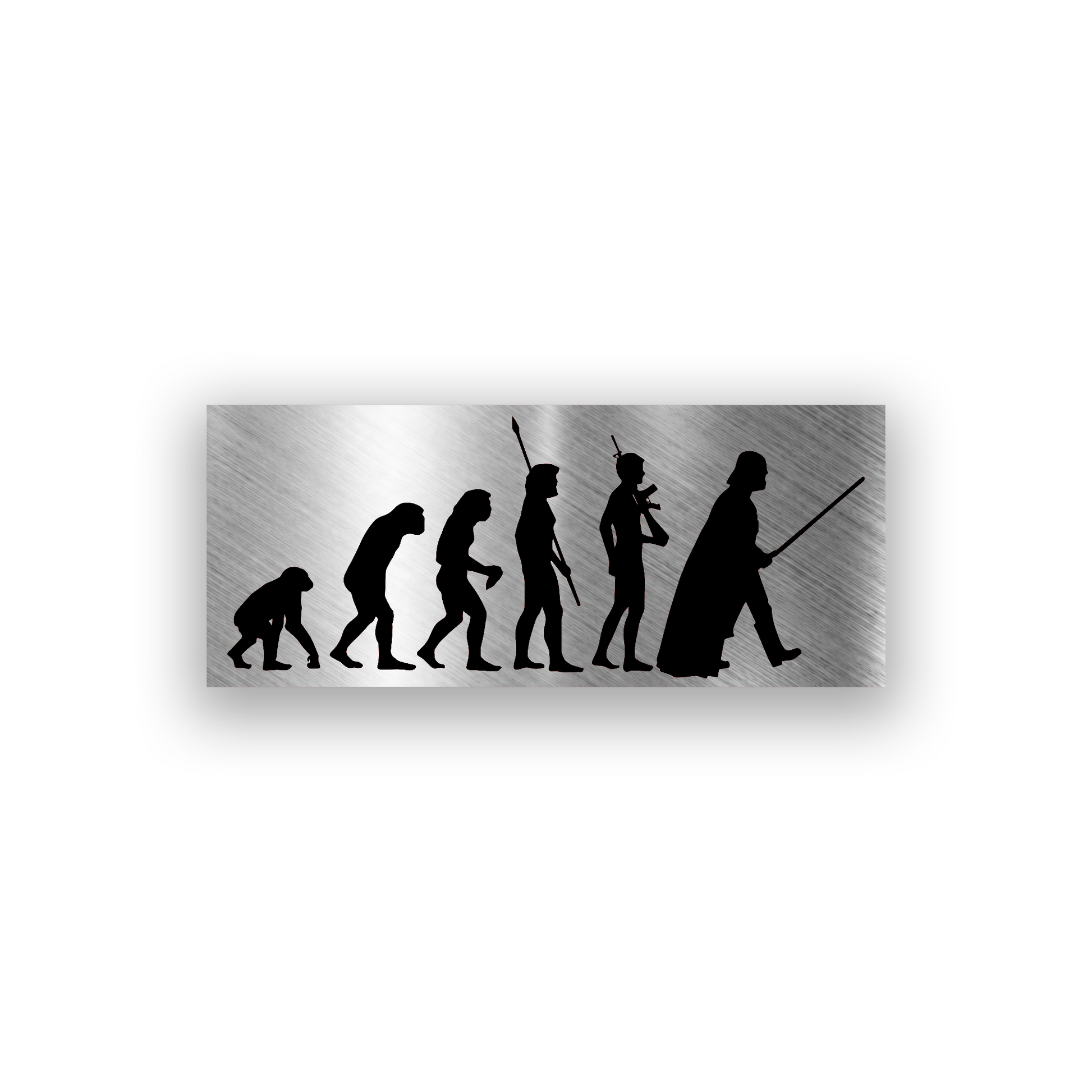 Star Wars inspired engraved car badge showing an evolution silhouette ending with Darth Vader