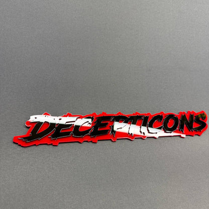 Decepticon lettering side fender badge with sharp aggressive typography and red outline, aftermarket Jeep Wrangler automotive accessory.