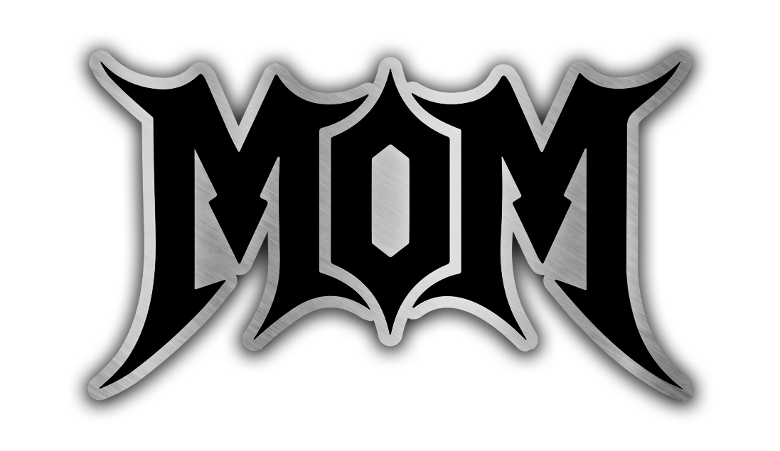 Personalized MOM vehicle emblem with brushed silver engraving and gothic letter style