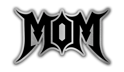 Personalized MOM vehicle emblem with brushed silver engraving and gothic letter style