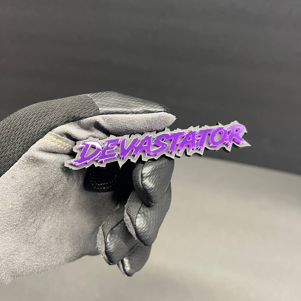 Purple Devastator acrylic text badge for truck fender emblem styling