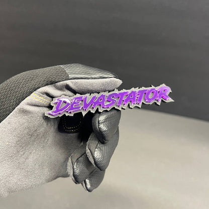 Purple Devastator acrylic text badge for truck fender emblem styling