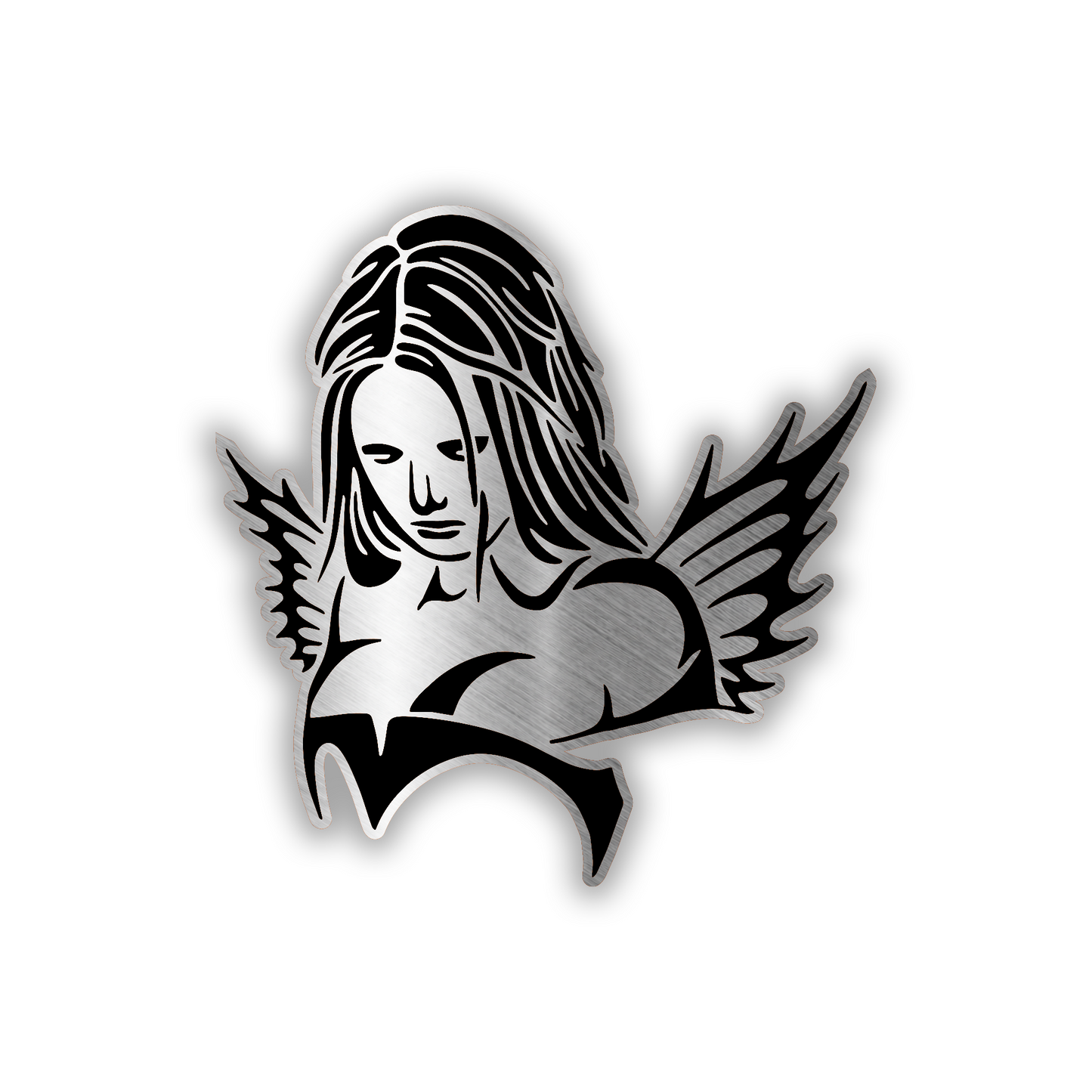 Devil Girl engraved car badge emblem in brushed silver and black