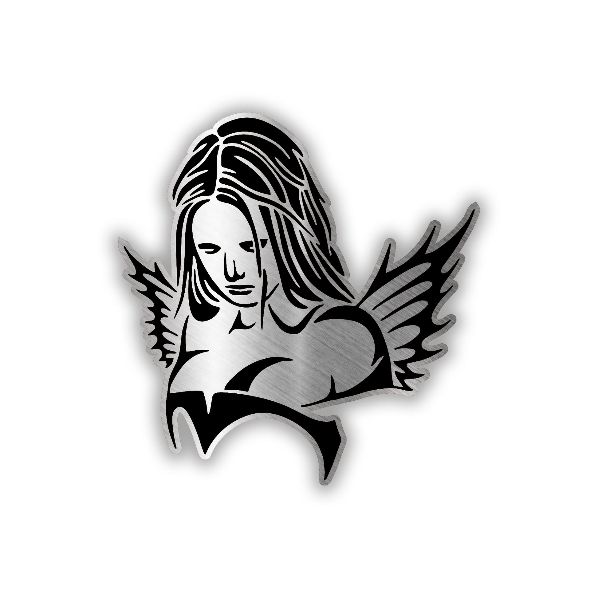 Devil Girl engraved car badge emblem in brushed silver and black
