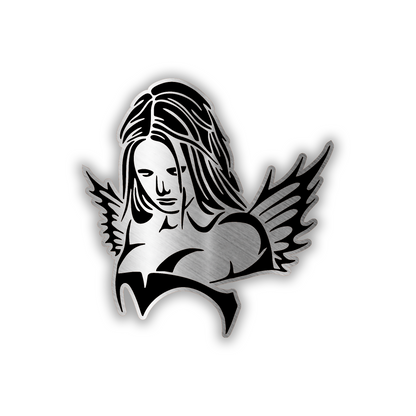 Devil Girl engraved car badge emblem in brushed silver and black