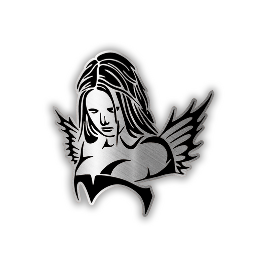 Devil Girl engraved car badge emblem in brushed silver and black