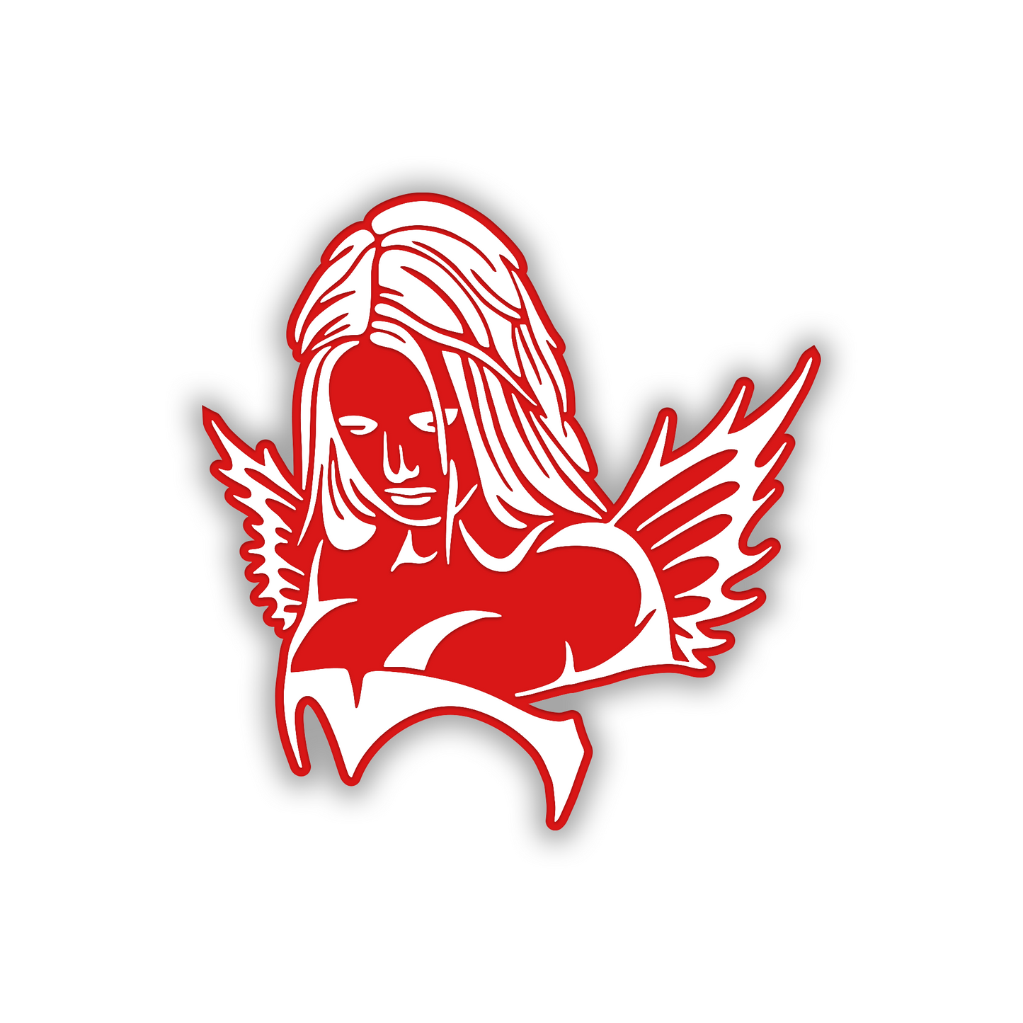 Engraved Devil Girl fender badge with winged woman design