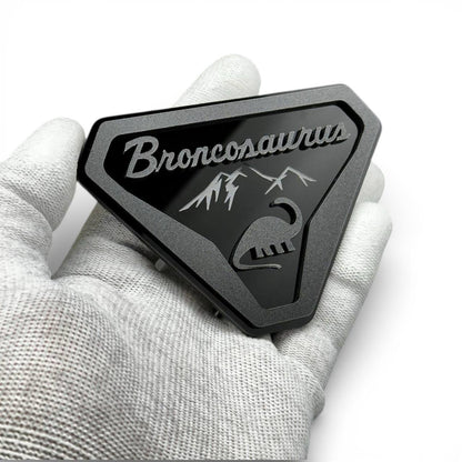 Broncosaurus badge for Ford Bronco made from black and silver acrylic, custom dinosaur off-road emblem-raptor-ford