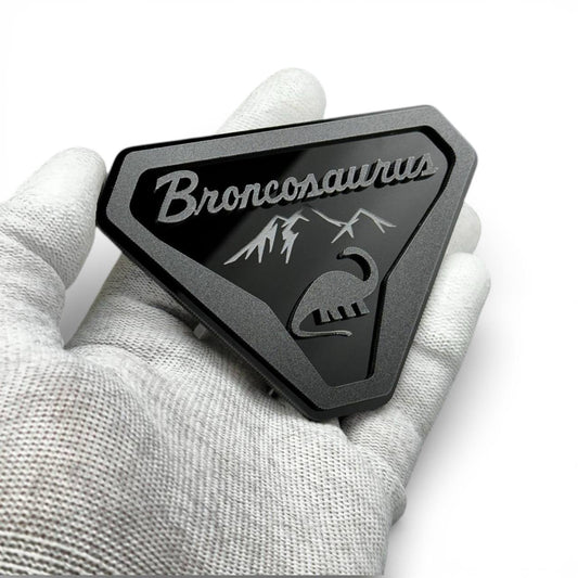 Broncosaurus badge for Ford Bronco made from black and silver acrylic, custom dinosaur off-road emblem-raptor-ford