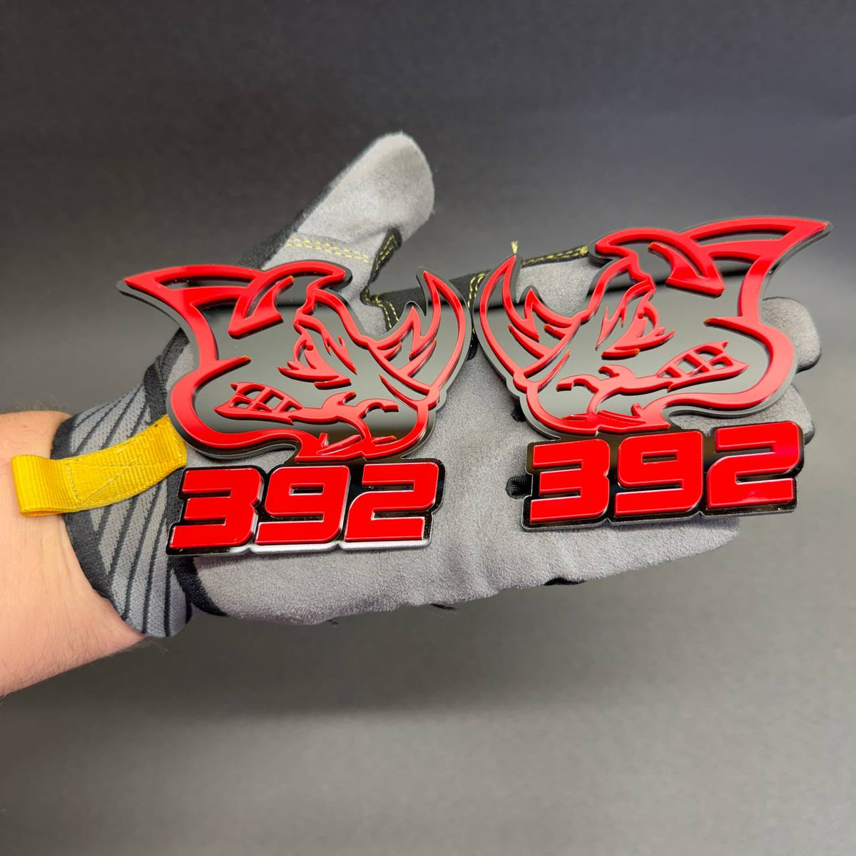 Dodge Challenger SRT 392 inspired Rhino car emblem featuring bold red 392 numbers, aggressive rhinoceros head graphics and double-layer acrylic construction.
