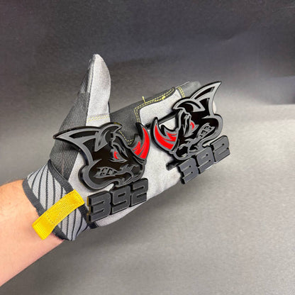 Dodge Charger and Challenger inspired 392 Rhino fender badge with aggressive rhinoceros artwork, black acrylic finish and red accents.