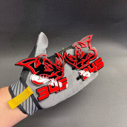 Custom 345 Rhino fender emblem with bold red lettering and black rhino face for Dodge Charger.