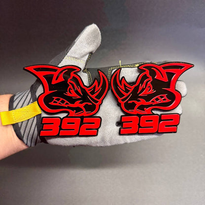 Custom 392 Rhino fender badge with red rhinoceros outline and detailed black face, designed for Dodge Charger and Challenger muscle car enthusiasts.
