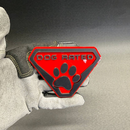 Dog Rated paw print emblem inspired by off-road badge styling, designed for dog lovers and Jeep Wrangler or Gladiator customization.