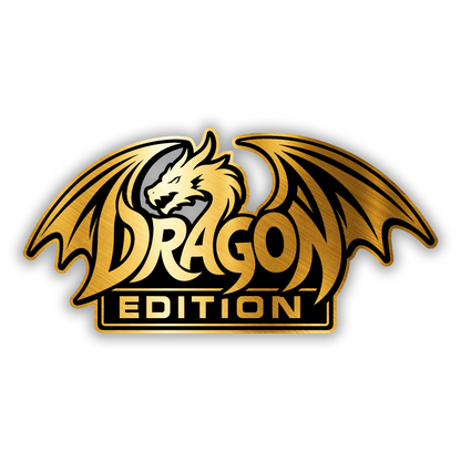 Silver and black Dragon Edition vehicle badge with engraved metal look finish