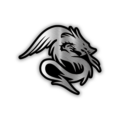 Dragon engraved car badge with brushed silver finish and black outline for vehicle fender.