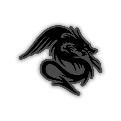 Detailed Dragon engraved car badge with silver finish and black layered background.
