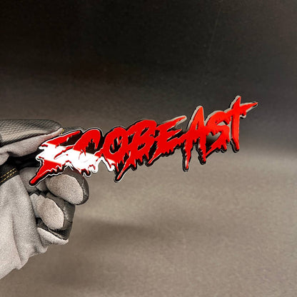 Handmade ECOBEAST fender emblem badge with red letters and black shadow outline